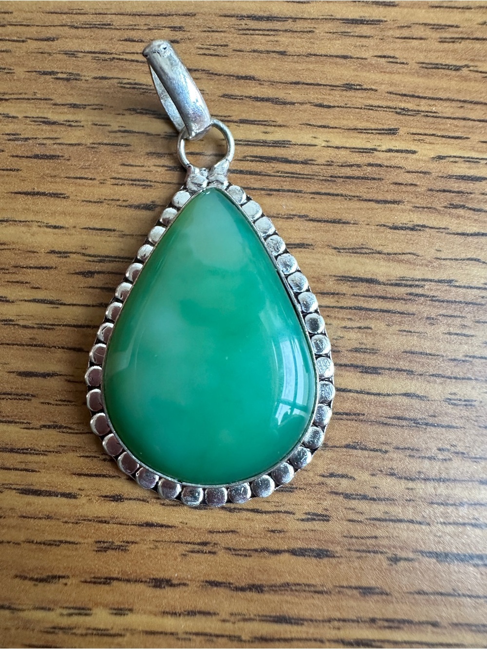 Teardrop Green Stone Pendant Necklace with Silver-Tone Frame
